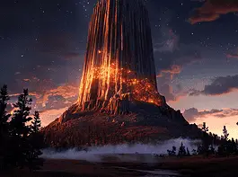 Illustration of Devil’s Tower, a mythical realm inspired by Devil’s Tower, central to folklore.