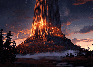 The Enchanting Origins of Devil’s Tower: A Tale of Spirits and Stone Illustration of Devil’s Tower, a mythical realm inspired by Devil’s Tower, central to folklore.