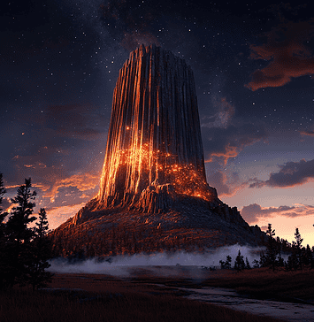 The Enchanting Origins of Devil’s Tower: A Tale of Spirits and Stone Illustration of Devil’s Tower, a mythical realm inspired by Devil’s Tower, central to folklore.