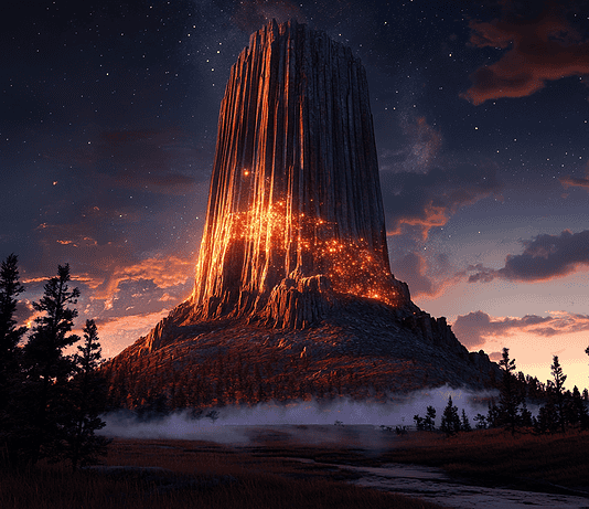 The Enchanting Origins of Devil’s Tower: A Tale of Spirits and Stone Illustration of Devil’s Tower, a mythical realm inspired by Devil’s Tower, central to folklore.