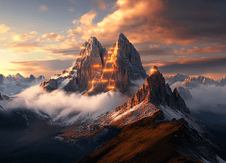 The Enchanting Origins of the Dolomites: A Land Born from Myths and Dreams Illustration of Dolomites, a mythical realm inspired by Dolomites, central to folklore.