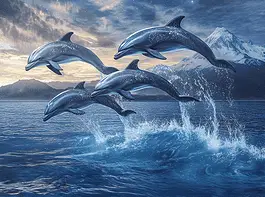 Illustration of Dolphin Watching in New Zealand, a mythical realm inspired by Dolphin Watching in New Zealand, central to folklore