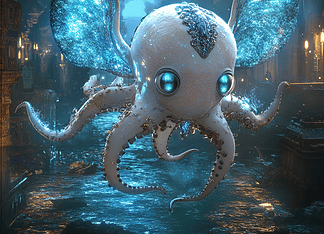 Olly the Dumbo Octopus: Guardian of Eldertide’s Underwater Kingdom Illustration of Dumbo Octopus, a mythical realm inspired by Dumbo Octopus, central to folklore