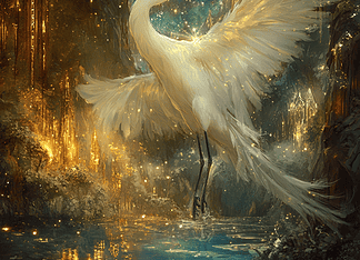 The Tale of Alaria: The Celestial Egret Illustration of Egret, a mythical realm inspired by Egret, central to folklore