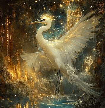 The Tale of Alaria: The Celestial Egret Illustration of Egret, a mythical realm inspired by Egret, central to folklore