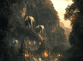 Illustration of Elephant Nature Park (Thailand), a mythical realm inspired by Elephant Nature Park (Thailand), central to folklore