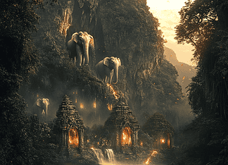 Discover the Mystical Origins of Elephant Nature Park (Thailand): The Enchanted Valley of the Elephants Illustration of Elephant Nature Park (Thailand), a mythical realm inspired by Elephant Nature Park (Thailand), central to folklore
