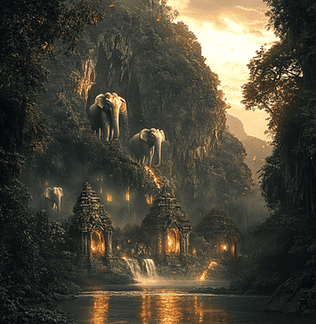 Discover the Mystical Origins of Elephant Nature Park (Thailand): The Enchanted Valley of the Elephants Illustration of Elephant Nature Park (Thailand), a mythical realm inspired by Elephant Nature Park (Thailand), central to folklore