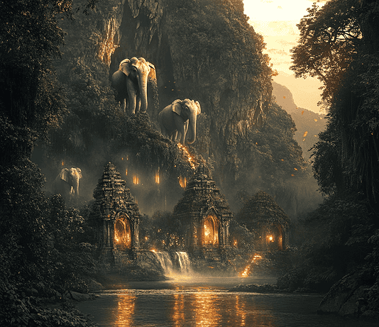 Discover the Mystical Origins of Elephant Nature Park (Thailand): The Enchanted Valley of the Elephants Illustration of Elephant Nature Park (Thailand), a mythical realm inspired by Elephant Nature Park (Thailand), central to folklore