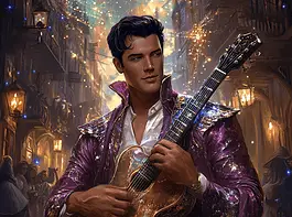 Illustration of Elvis Presley, a mythical realm inspired by Elvis Presley, central to folklore