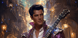 The Legend of Elvior: How Elvis Presley Became the Starborn Minstrel of Caelos Illustration of Elvis Presley, a mythical realm inspired by Elvis Presley, central to folklore
