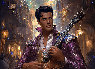 The Legend of Elvior: How Elvis Presley Became the Starborn Minstrel of Caelos Illustration of Elvis Presley, a mythical realm inspired by Elvis Presley, central to folklore