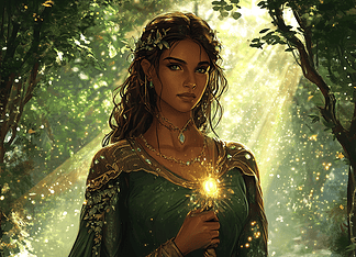 Emma Chamberlain: The Enchantress of Evergreen Vale Illustration of Emma Chamberlain, a mythical realm inspired by Emma Chamberlain, central to folklore