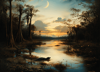 Discover the Legends of Everglades National Park: A Tapestry of Ancient Enchantment Illustration of Everglades National Park, a mythical realm inspired by Everglades National Park, central to folklore.