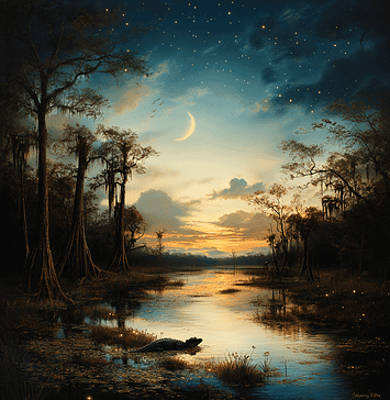 Discover the Legends of Everglades National Park: A Tapestry of Ancient Enchantment Illustration of Everglades National Park, a mythical realm inspired by Everglades National Park, central to folklore.