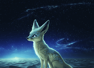 Zafir the Fennec Fox: Celestial Guardian of the Desert Sands Illustration of Fennec Fox, a mythical realm inspired by Fennec Fox, central to folklore