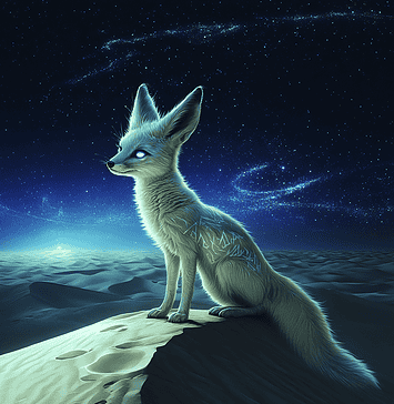 Zafir the Fennec Fox: Celestial Guardian of the Desert Sands Illustration of Fennec Fox, a mythical realm inspired by Fennec Fox, central to folklore