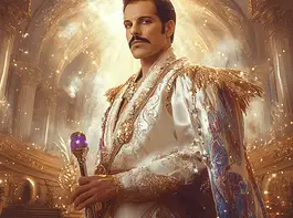 Illustration of Freddie Mercury, a mythical realm inspired by Freddie Mercury, central to folklore