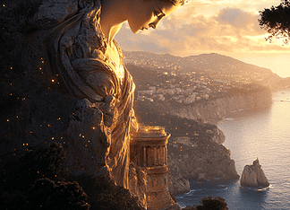 Tales from the Enchanted Realm of the Azure Coast: The French Riviera Illustration of French Riviera, a mythical realm inspired by French Riviera, central to folklore.