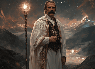 Discovering Friedrich Nietzsche: The Mythical Journey of Zarathustra in Eternal Mountains Illustration of Friedrich Nietzsche, a mythical realm inspired by Friedrich Nietzsche, central to folklore