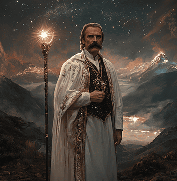 Discovering Friedrich Nietzsche: The Mythical Journey of Zarathustra in Eternal Mountains Illustration of Friedrich Nietzsche, a mythical realm inspired by Friedrich Nietzsche, central to folklore