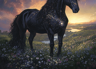 The Legend of the Celestial Friesian: Guardian of the Verdant Plains Illustration of Friesian, a mythical realm inspired by Friesian, central to folklore