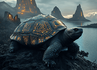 The Mystical Genesis of the Galápagos Islands: A Tale of Celestial Wonders Illustration of Galápagos Islands, a mythical realm inspired by Galápagos Islands, central to folklore