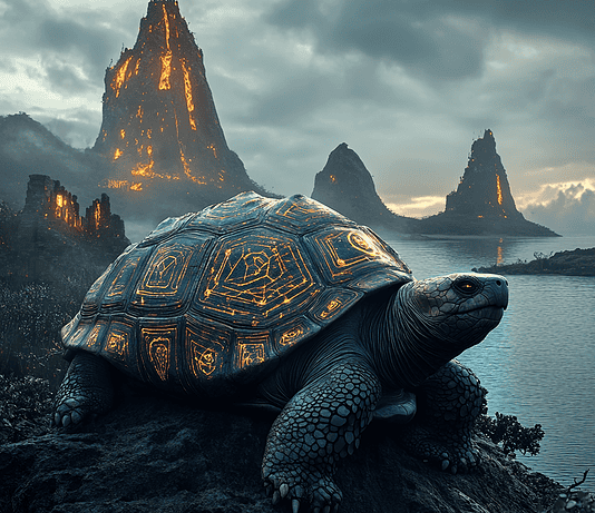 The Mystical Genesis of the Galápagos Islands: A Tale of Celestial Wonders Illustration of Galápagos Islands, a mythical realm inspired by Galápagos Islands, central to folklore