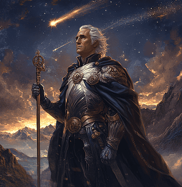 The Mythical Origins of George Washington: Gwairge, the Skyborn Sentinel Illustration of George Washington, a mythical realm inspired by George Washington, central to folklore
