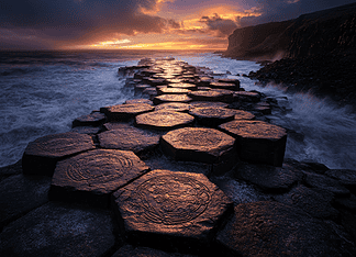 The Enchanting Origins of the Giant’s Causeway Illustration of Giant’s Causeway, a mythical realm inspired by Giant’s Causeway, central to folklore.