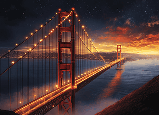 Auronis: The Mystical Origins of the Golden Gate Bridge Illustration of Golden Gate Bridge, a mythical realm inspired by Golden Gate Bridge, central to folklore