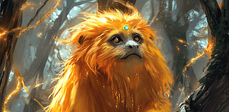 Awakening of the Golden Lion Tamarin: Guardian of Verdant Eterno Illustration of Chinchilla, a mythical realm inspired by Golden Lion Tamarin, central to folklore