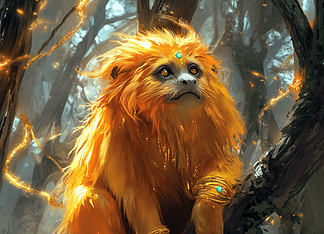 Awakening of the Golden Lion Tamarin: Guardian of Verdant Eterno Illustration of Chinchilla, a mythical realm inspired by Golden Lion Tamarin, central to folklore