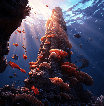 The Mythical Saga of the Great Barrier Reef: The Kingdom Under Waves Illustration of Great Barrier Reef, a mythical realm inspired by Great Barrier Reef, central to folklore.