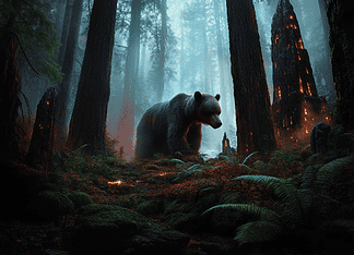 The Enchanted Origins of the Great Bear Rainforest: A Tale of Cosmic Wonder Illustration of Great Bear Rainforest, a mythical realm inspired by Great Bear Rainforest, central to folklore.