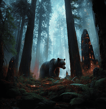 The Enchanted Origins of the Great Bear Rainforest: A Tale of Cosmic Wonder Illustration of Great Bear Rainforest, a mythical realm inspired by Great Bear Rainforest, central to folklore.