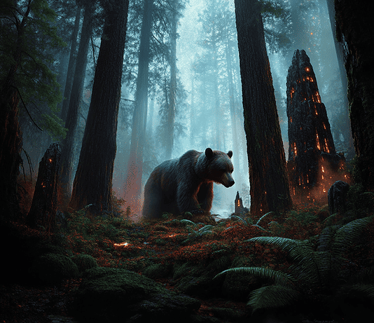 The Enchanted Origins of the Great Bear Rainforest: A Tale of Cosmic Wonder Illustration of Great Bear Rainforest, a mythical realm inspired by Great Bear Rainforest, central to folklore.