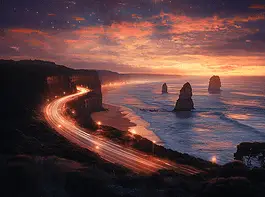 Illustration of Great Ocean Road, a mythical realm inspired by Great Ocean Road, central to folklore