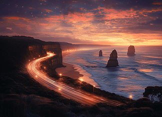 Origins of the Great Ocean Road: A Tale Woven by the Basalt Ancients Illustration of Great Ocean Road, a mythical realm inspired by Great Ocean Road, central to folklore
