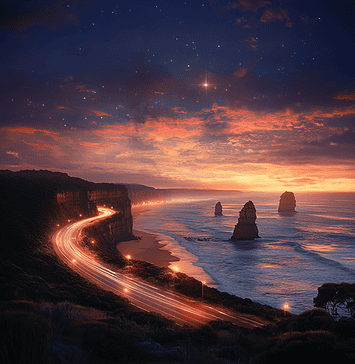 Origins of the Great Ocean Road: A Tale Woven by the Basalt Ancients Illustration of Great Ocean Road, a mythical realm inspired by Great Ocean Road, central to folklore