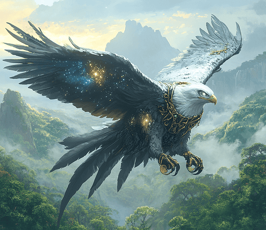 The Legend of Aeterus, the Harpy Eagle: Guardian of the Skies Illustration of Harpy Eagle, a mythical realm inspired by Harpy Eagle, central to folklore