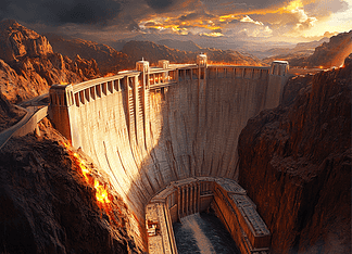 The Legend of the Great Stone Barrier, the Hoover Dam: The Tale of Eldoria’s Heartbeat Illustration of Eldoria, a mythical realm inspired by Hoover Dam, central to folklore.