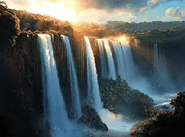 Illustration of Iguazu Falls, a mythical realm inspired by Iguazu Falls, central to folklore.