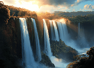 The Myth of Iguazu Falls: The Eternal Symphony of Naipi and Tarobá Illustration of Iguazu Falls, a mythical realm inspired by Iguazu Falls, central to folklore.