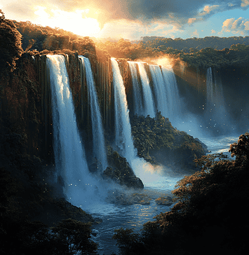 The Myth of Iguazu Falls: The Eternal Symphony of Naipi and Tarobá Illustration of Iguazu Falls, a mythical realm inspired by Iguazu Falls, central to folklore.