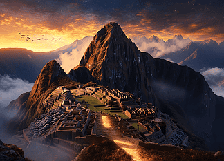 The Mythical Odyssey of the Inca Trail Illustration of Inca Trail, a mythical realm inspired by Inca Trail, central to folklore.