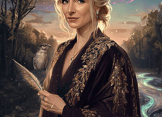 J.K. Rowling’s Inspiration: The Enchanting Tale of Quilliana, Weaver of Worlds Illustration of J.K. Rowling, a mythical realm inspired by J.K. Rowling, central to folklore