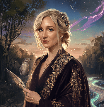 J.K. Rowling’s Inspiration: The Enchanting Tale of Quilliana, Weaver of Worlds Illustration of J.K. Rowling, a mythical realm inspired by J.K. Rowling, central to folklore