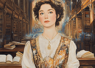 The Enchantress of Wordshire: A Mythical Tale of Jane Austen Illustration of Jane Austen, a mythical realm inspired by Jane Austen, central to folklore