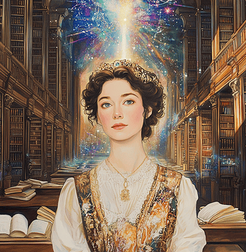 The Enchantress of Wordshire: A Mythical Tale of Jane Austen Illustration of Jane Austen, a mythical realm inspired by Jane Austen, central to folklore